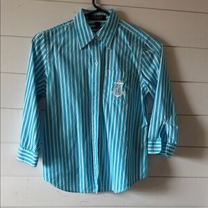 Vintage Ralph Lauren Blue & White Vertical Stripe Button-Front Shirt Size Petite